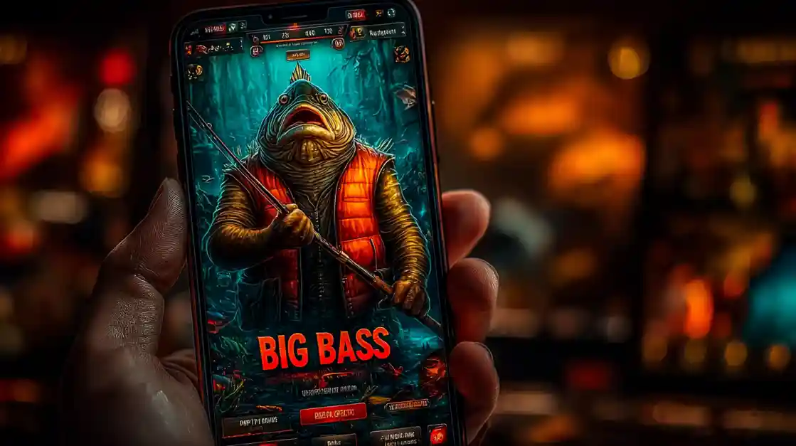 A close-up of a hand holding a smartphone showcasing a BIG BASS fishing game, featuring an anthropomorphic fish character, highlighting the engaging casual games on ck666.