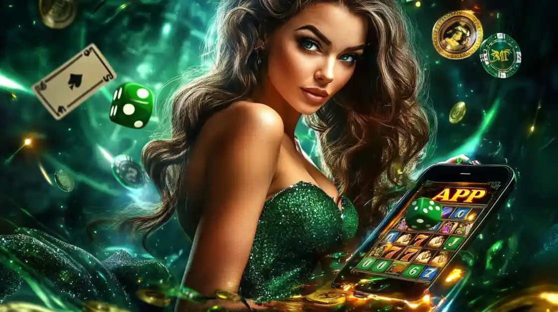 An enchanting woman with flowing hair, adorned in green, gazes captivatingly, surrounded by floating cards, dice, and coins, alongside a smartphone featuring the ck666 gaming app.