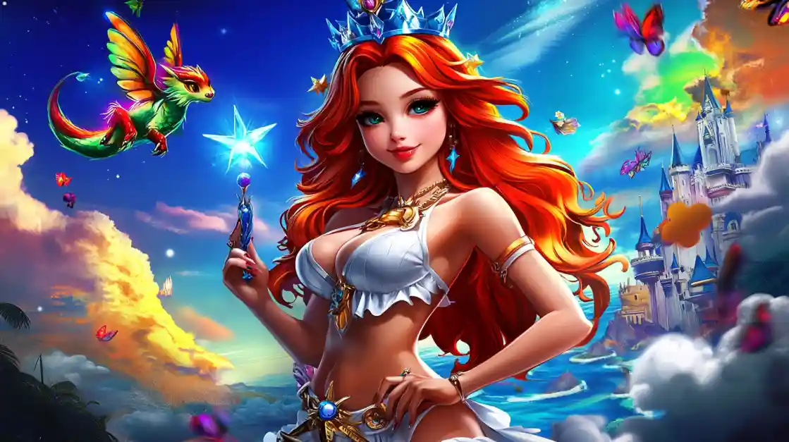 A vibrant fantasy scene featuring a beautiful princess with fiery red hair and a crown, holding a magic wand, with a small winged dragon and a fairytale castle in the background, embodying the magical world of ck666.