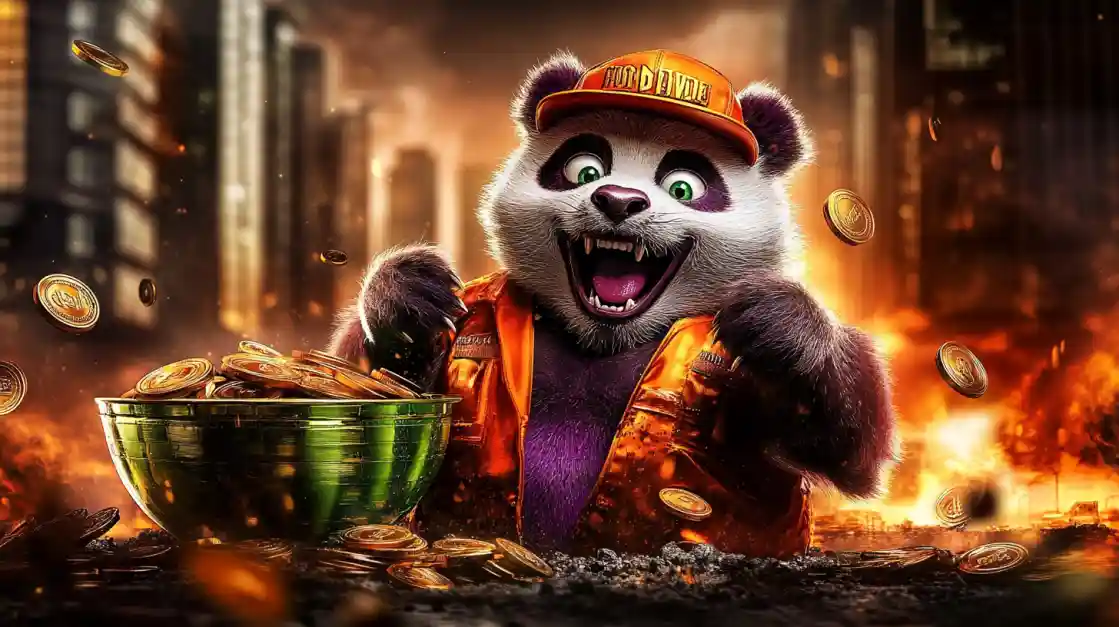 A cheerful panda character wearing an orange cap and jacket, surrounded by golden coins and a bowl of money, symbolizing wealth and good fortune with ck666.