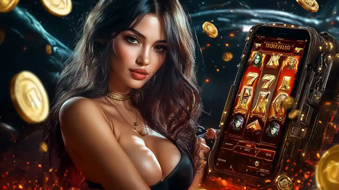 A beautiful woman in a black top looks confidently at the viewer while holding a smartphone displaying a ck666 mobile slot game with 777 symbols and golden coins.